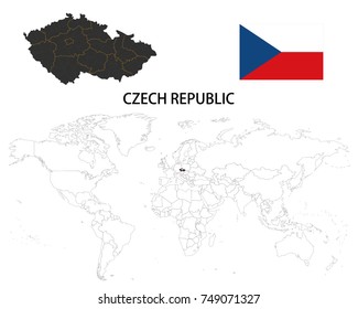 Czech Republic map on a world map with flag on white background.