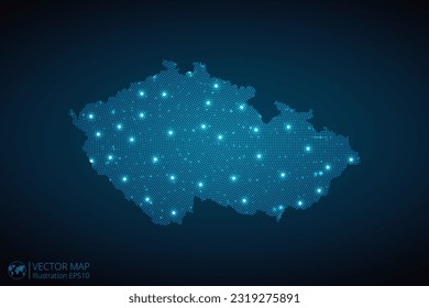 Mapa de la República Checa patrón de puntos radiales en estilo futurista, diseño de un contorno brillante de círculo azul hecho de estrellas. concepto de comunicación sobre fondo azul oscuro. EPS10 vectores
