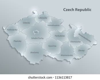 Czech Republic map separate region individual names glass card 3D vector
