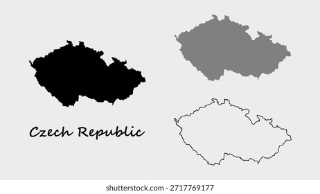 Conjunto de mapas de República Checa. Vector de silueta, gris y mapa de contorno de la República Checa sobre fondo blanco