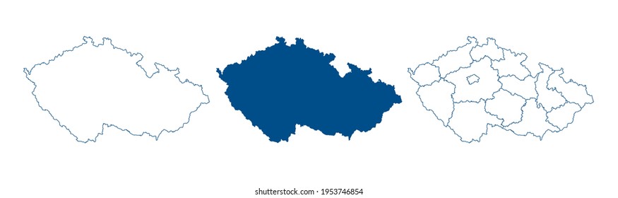 Czech Republic map vector. High detailed vector outline, blue silhouette and administrative divisions map of Czech Republic. All isolated on white background. Template for website, design, cover