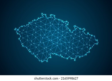 Mapa de la República Checa - Línea de máscaras del Mapa Mundial y escalas puntuales sobre fondo de tecnología azul. Malla 3D del marco de cables línea de red poligonal, esfera de diseño, punto y estructura - Ilustración vectorial eps 10
