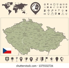 Czech Republic Map and World Map with navigation icon - Detailed map of Czech Republic vector illustration - All elements are separated in editable layers clearly labeled.