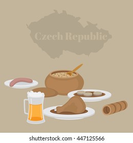 Czech republic menu, prague restaurant. Food and drink isolated, national dinner. Smoked salami sausage, beer, soup, pork leg, dumplings and backery vector