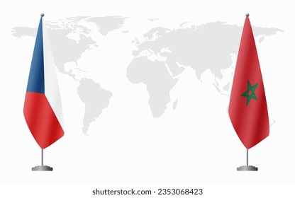 Banderas de la República Checa y Marruecos para una reunión oficial en el fondo del mapa mundial.
