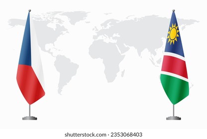 Banderas de la República Checa y Namibia para una reunión oficial en el contexto del mapa mundial.