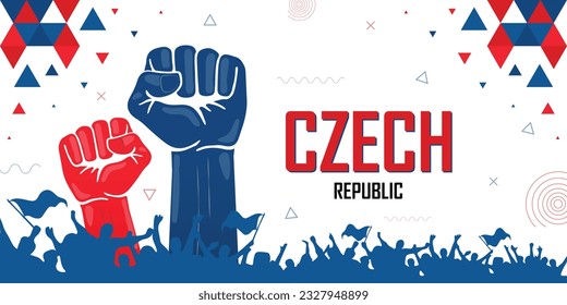 Czech Republic nation flag color combination patriot banner, geometric abstract background design, raised fist, human hand, cheering people, victory celebration, strike, parade, riot, protest or rally