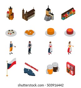 Czech republic national cultural symbols isometric icons collection with flag beer mugs and jewish quarter isolated vector illustration  