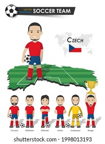Czech republic national soccer cup team . Football player with sports jersey stand on perspective field country map and world map . Set of footballer positions . Cartoon character flat design . Vector