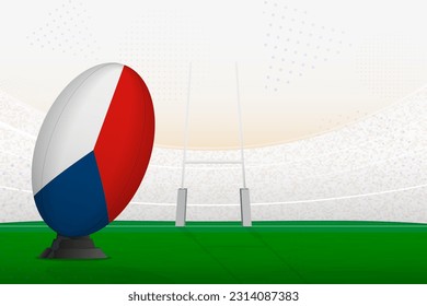 Czech Republic national team rugby ball on rugby stadium and goal posts, preparing for a penalty or free kick. Vector illustration.