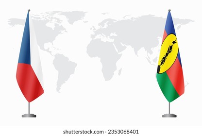 Banderas de la República Checa y Nueva Caledonia para una reunión oficial en el contexto del mapa mundial.