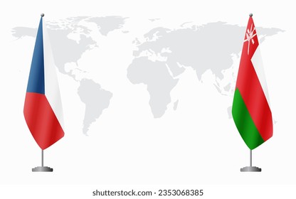 Czech Republic and Oman flags for official meeting against background of world map.