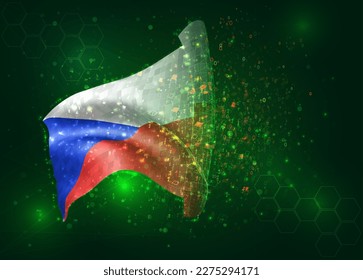 Czech Republic, on vector 3d flag on green background with polygons and data numbers