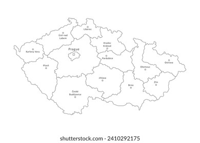 Czech Republic outline map with regions border and big cities isolated on white. Administrative division of thin black line contour. Vector for banner background design, czech events illustration.