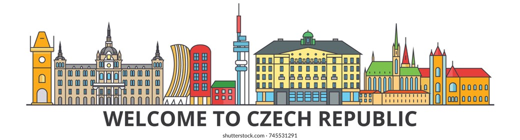 Czech republic outline skyline, Czech flat thin line icons, landmarks, illustrations. Czech republic cityscape, Czech travel city vector banner. Urban silhouette