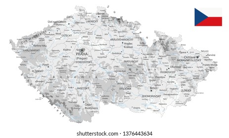 Czech Republic Physical Map White and Grey Isolated On White - Detailed map of Czech Republic vector illustration - All elements are separated in editable layers clearly labeled.