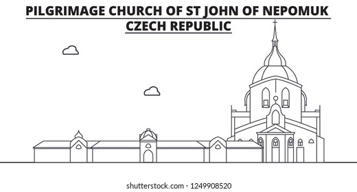 Czech Republic - Pilgrimage Church Of St John Of Nepomuk travel famous landmark skyline, panorama, vector. Czech Republic - Pilgrimage Church Of St John Of Nepomuk linear illustration