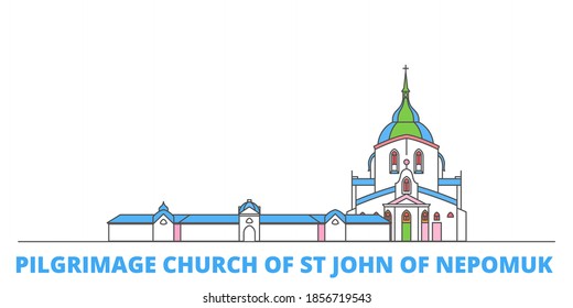 Tschechische Republik, Wallfahrtskirche St. John of Nepomuk Linie Stadtlandschaft, flacher Vektor. Sehenswürdigkeiten der Stadt, Kulturerbe, Linienweltsymbole