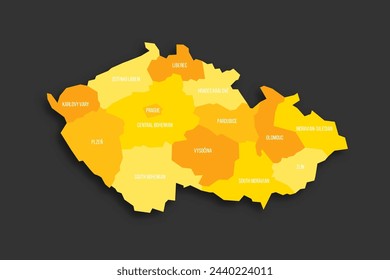 Czech Republic political map of administrative divisions - regions. Yellow shade flat vector map with name labels and dropped shadow isolated on dark grey background.