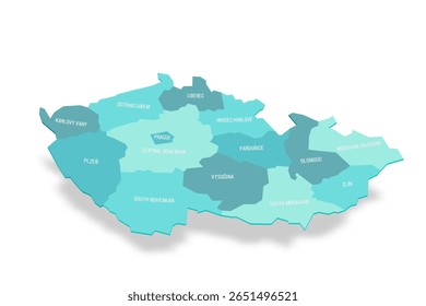 Mapa político das divisões administrativas da República Checa - regiões. Mapa de vetor turquesa 3D com rótulos de nome.