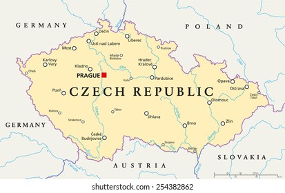 Czech Republic Political Map with capital Prague, national borders, important cities, rivers and lakes. English labeling and scaling. Illustration.