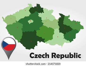 Czech Republic political map with green shades and map pointer.