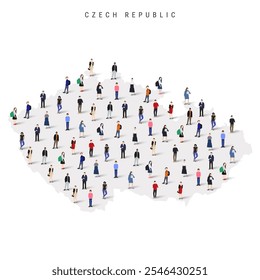 Mapa da população de República Checa. Grande grupo de realista uma multidão diversificada de figuras de pessoas em uma forma de mapa da Chéquia. Ilustração de vetor plano isolada em branco.