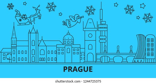 Czech Republic, Prague city winter holidays skyline. Merry Christmas, Happy New Year decorated banner with Santa Claus.Czech Republic, Prague city linear christmas city vector flat illustration