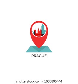 Czech Republic Prague map city pin point geolocation modern skyline shape pointer vector flat logo web icon illustration