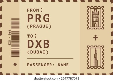 Czech Republic, Prague - UAE, Dubai flight, luggage tag, boarding pass card. Vector illustration layout for infographic, postcard, sticker, print, promo in vintage style with landmark stamps