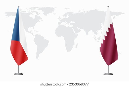 Czech Republic and Qatar flags for official meeting against background of world map.