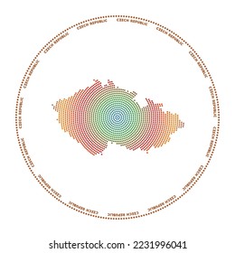 Logo redondo de la República Checa. Forma de estilo digital de la República Checa en círculo de puntos con nombre de país. Icono tecnológico del país con puntos degradados. Ilustración vectorial vibrante.