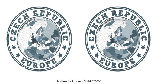 Logotipos redondos de la República Checa. Bandas circulares de un país con un mapa de la República Checa en contexto mundial. Sellos de país simples y texturados. Ilustración vectorial.