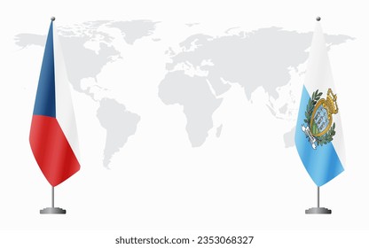 Czech Republic and San Marino flags for official meeting against background of world map.