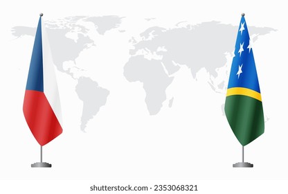 Czech Republic and Solomon Islands flags for official meeting against background of world map.