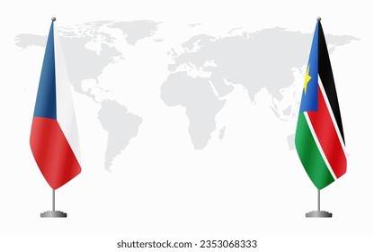 Czech Republic and South Sudan flags for official meeting against background of world map.
