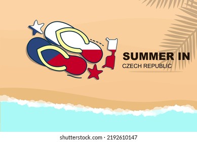 Tschechische Republik Sommerferien Vektor-Banner, Beach-Urlaub-Konzept, Flip Flops Sonnenbrillen Seesterne auf Sand, Kopienraum-Bereich, Tschechische Republik Sommerreisen und Tourismus-Idee mit Flagge
