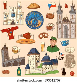 Czech Republic symbol. Set of icons and symbols Czech Republic: Charles bridge, watch, boar knee, ruby, national dishes, castle.