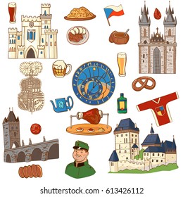 Czech Republic symbol. Set of icons and symbols Czech Republic: Charles bridge, watch, boar knee, ruby, national dishes, castle.