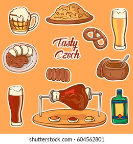 Czech Republic symbol. Testy Czech. Set of icons national dishes: cabbage, beer, boar knee, pretzel, goulash, beer mug, trdelnik.