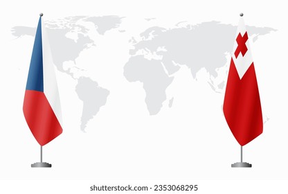 Czech Republic and Tonga flags for official meeting against background of world map.