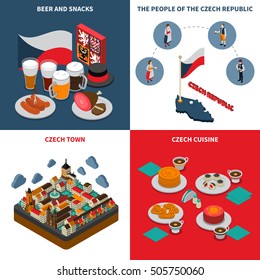 Czech republic for tourists 4 isometric icons square poster with beer sausage prague astronomical clock isolated vector illustration 