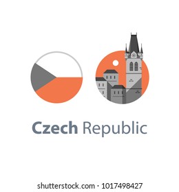 Czech Republic travel destination, Prague symbol, old town, tower with clock and group of houses, famous landmark, tourism concept, European country, historic architecture, round flag, vector icon