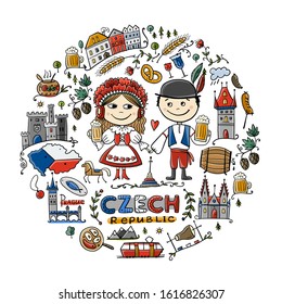 Czech Republic. Travel Illustration With Czech Landmarks, People And Food. Vector Illustration