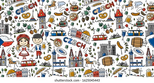 Czech Republic. Travel Illustration With Czech Landmarks, People And Food. Vector Illustration