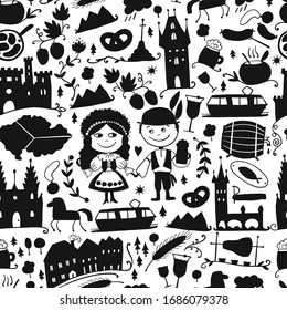 Czech Republic. Travel illustration with Czech landmarks, people and food. Seamless pattern design. Vector illustration