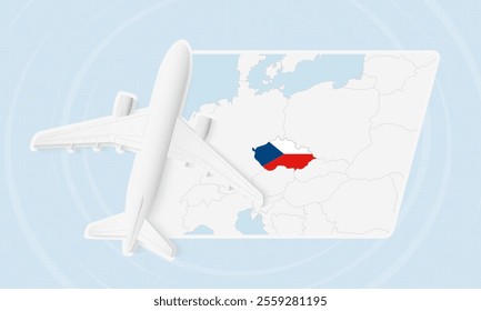 Czech Republic Travel Illustration with Plane and National Flag. Ideal for travel agencies, promotional materials, or geographic content related to Czech Republic.