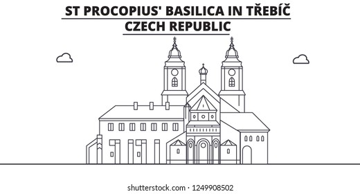 Czech Republic - Trebic, St Procopius Basilica travel famous landmark skyline, panorama, vector. Czech Republic - Trebic, St Procopius Basilica linear illustration