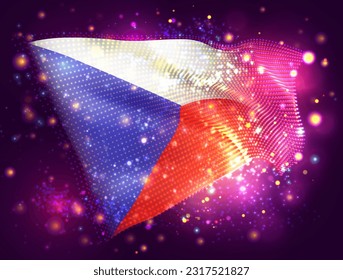 República Checa, bandera vectorial 3d sobre fondo púrpura rosa con iluminación y bengalas