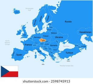Czech Republic vector map, Europe. Editable Vector map silhouette illustration isolated on Europe, highlighted at Czech Republic, with country name, border, and capital. Czech Republic Flag.